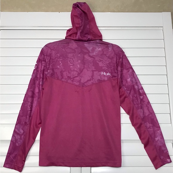 HUK Women's Icon X Hoodie UPF 50+ Long-Sleeve Fishing Shirt Size Large Pink Camo - Picture 6 of 8